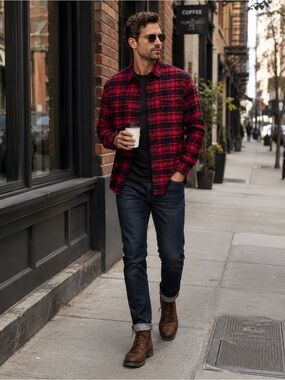 J. Crew Red and Navy Plaid Cotton Slim Fit Flannel Button-Down Shirt L